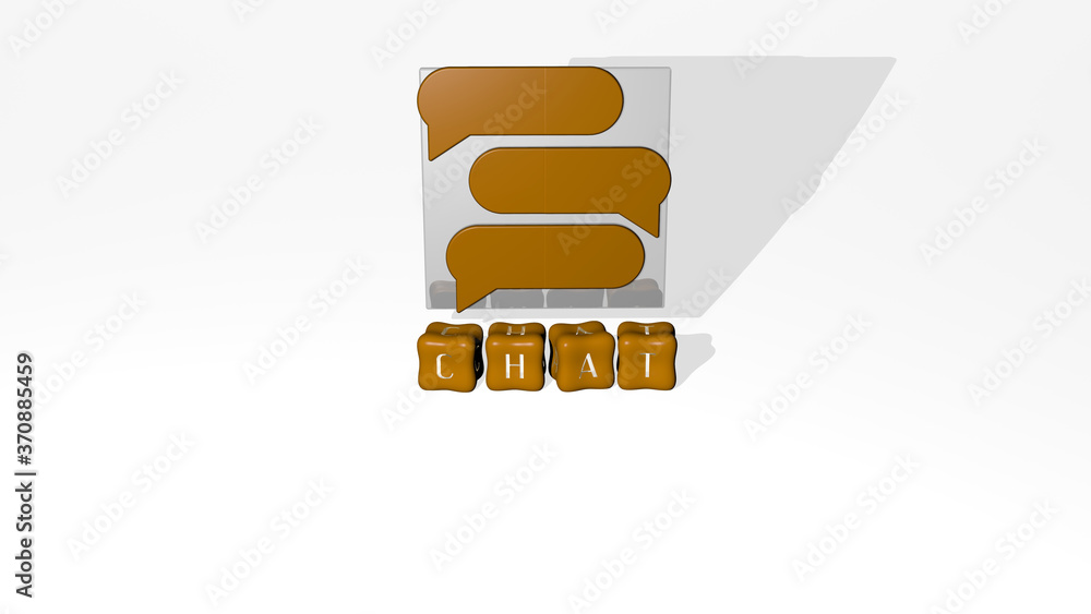 Poster 3d graphical image of chat vertically along with text built by metallic cubic letters from the top p