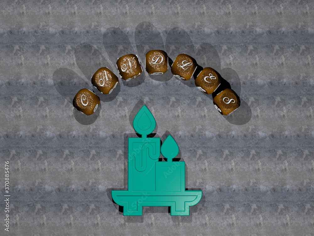 Poster 3d representation of candles with icon on the wall and text arranged by metallic cubic letters on a 