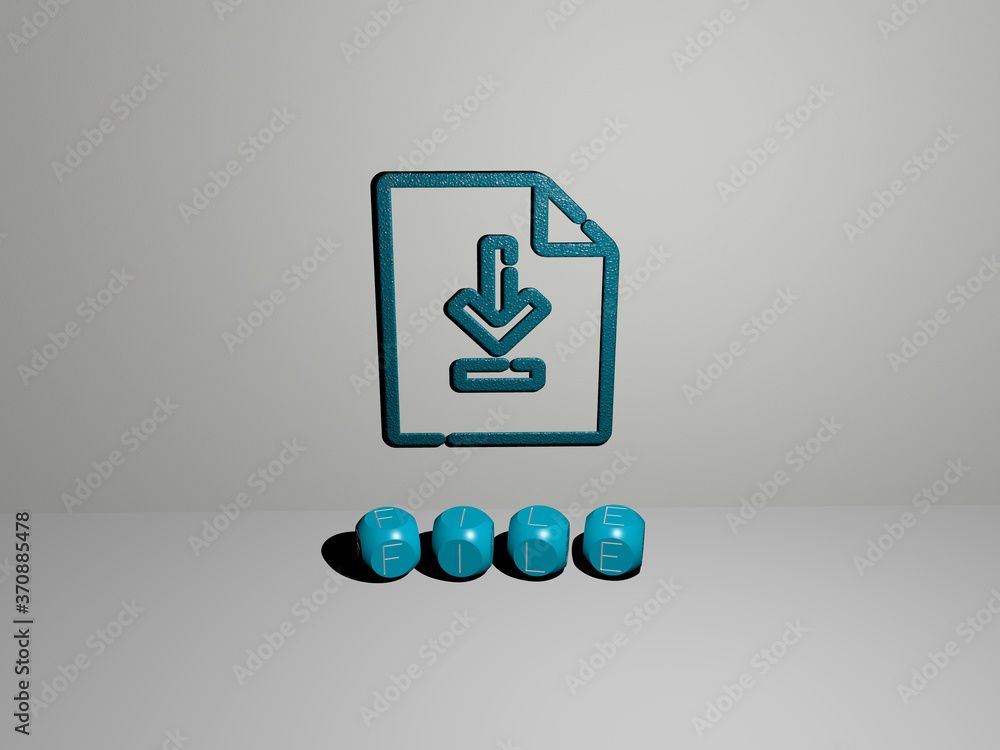 Poster 3d illustration of file graphics and text made by metallic dice letters for the related meanings of 