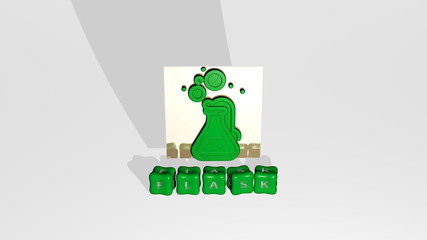 3D graphical image of FLASK vertically along with text built by metallic cubic letters from the top perspective, excellent for the concept presentation and slideshows. illustration and chemical