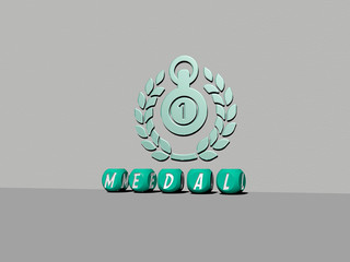 3D representation of MEDAL with icon on the wall and text arranged by metallic cubic letters on a mirror floor for concept meaning and slideshow presentation. illustration and award