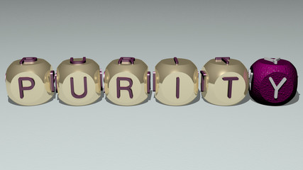 purity text by cubic dice letters. 3D illustration. background and water