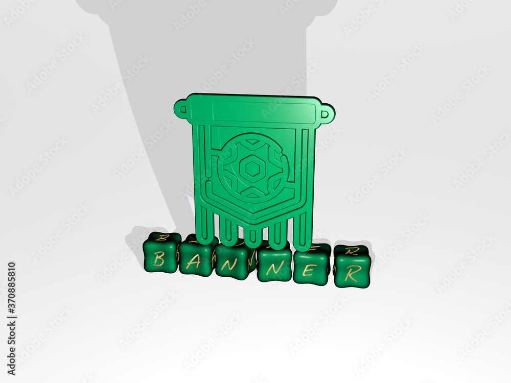 Aufkleber banner 3d icon object on text of cubic letters. 3d illustration. background and design