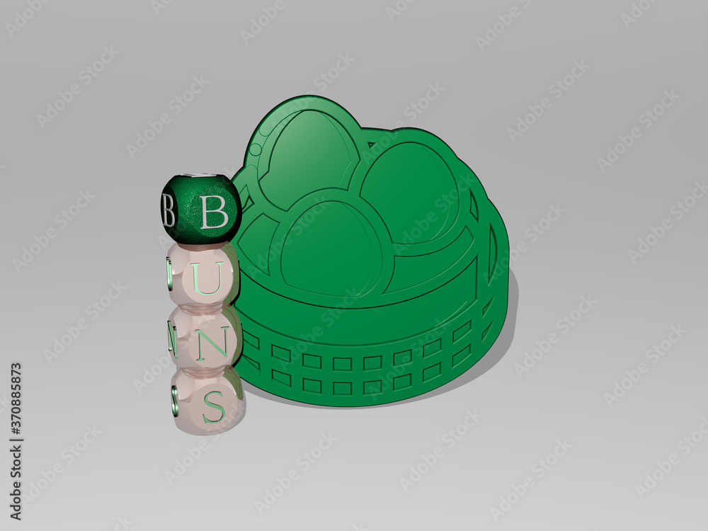 Poster 3d representation of buns with icon on the wall and text arranged by metallic cubic letters on a mir