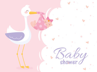 baby shower, girl in blanket with stork welcome newborn celebration card