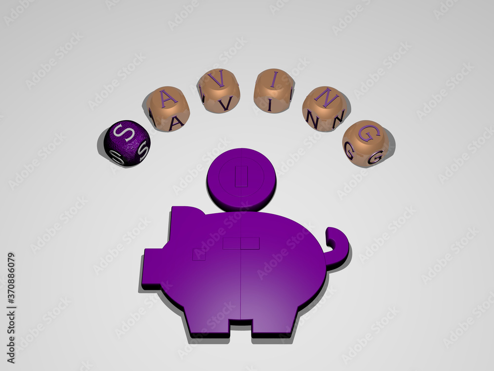 Poster saving circular text of separate letters around the 3d icon. 3d illustration. concept and money
