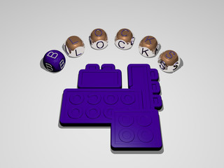 BLOCKS circular text of separate letters around the 3D icon. 3D illustration. background and abstract