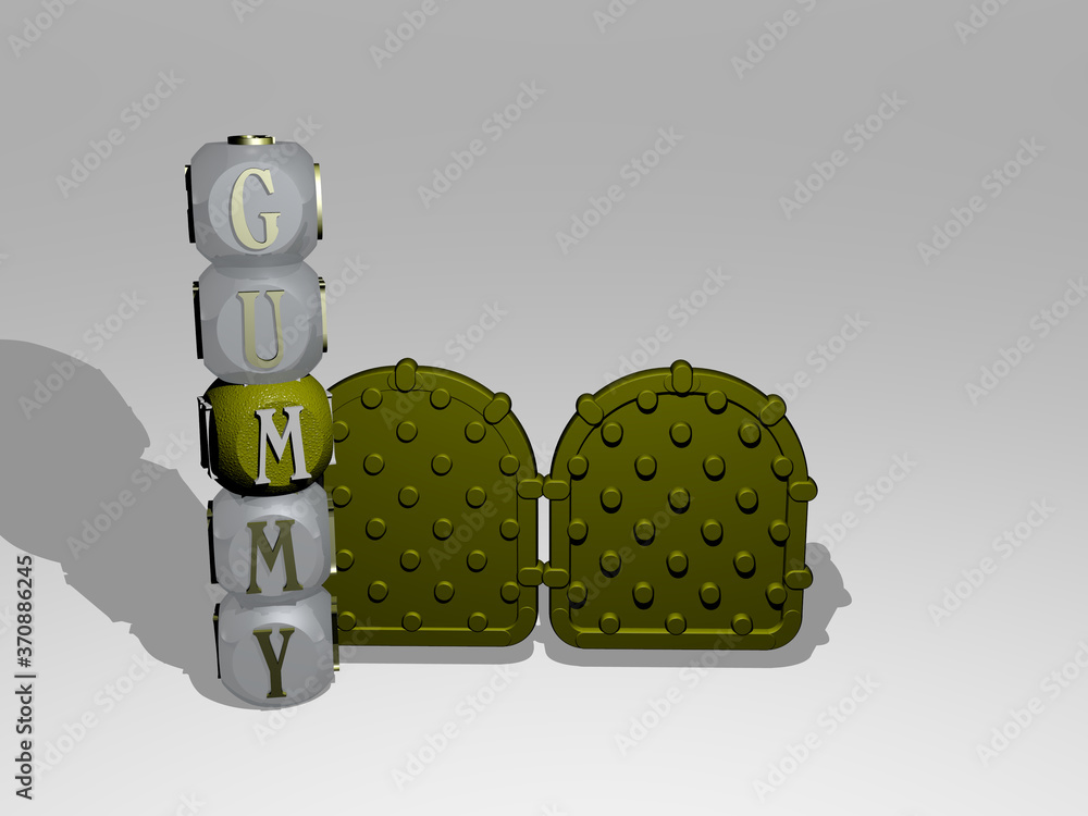 Poster 3d representation of gummy with icon on the wall and text arranged by metallic cubic letters on a mi