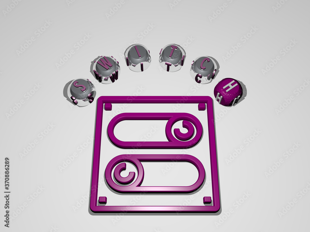 Poster switch circular text of separate letters around the 3d icon. 3d illustration. background and button