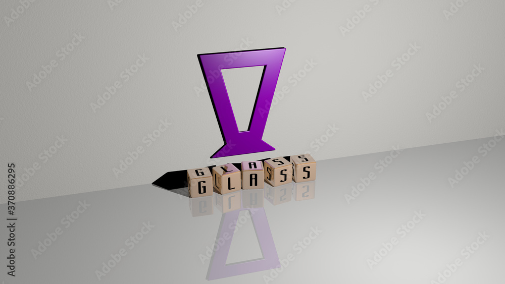 Poster glass text of cubic dice letters on the floor and 3d icon on the wall. 3d illustration. background a