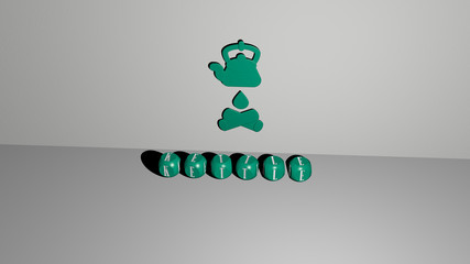 KETTLE 3D icon on the wall and text of cubic alphabets on the floor. 3D illustration. background and tea
