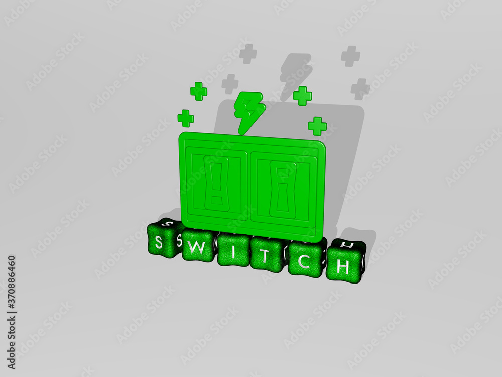 Aufkleber switch 3d icon on cubic text. 3d illustration. background and button