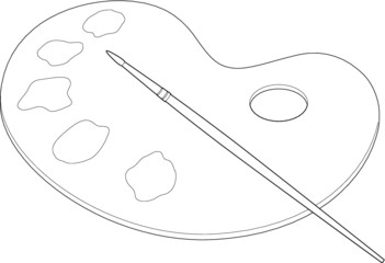 A vector line art illustration of a wooden art palette with blobs of paint and a brush