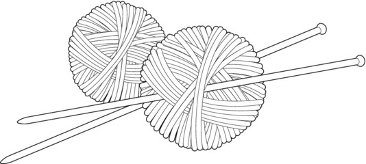 A line art illustration of knitting wool and knitting needles