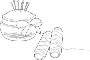A vector line art illustration of sewing pins on a pin cushion and two sewing threads
