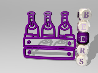 BEERS 3D icon beside the vertical text of individual letters. 3D illustration. alcohol and background