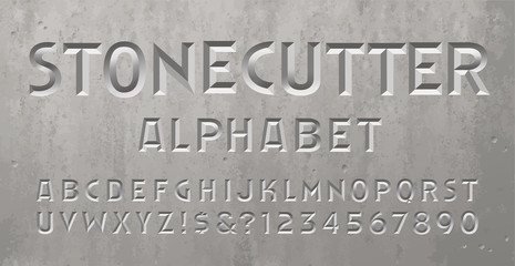 A Beveled or Chiseled Font with the Appearance of an Inscription or Epitaph on a Gravestone, Tomb, or Mausoleum. Stonecutter Alphabet Perfect for Spelling Dates or a Message on a Headstone. - obrazy, fototapety, plakaty