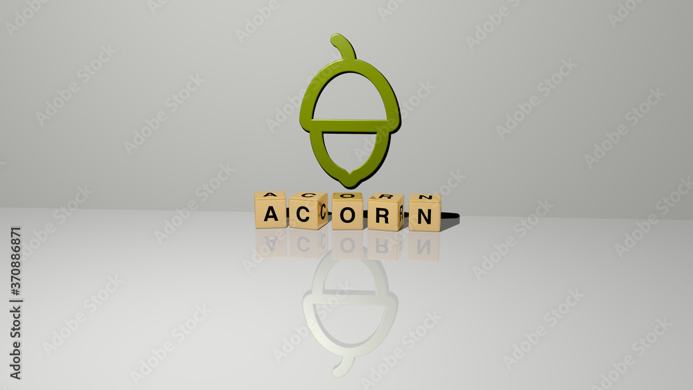 Poster acorn text of cubic dice letters on the floor and 3d icon on the wall. 3d illustration. autumn and b