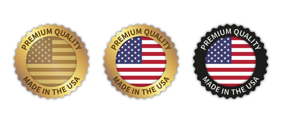 Set of 3 "Made in the USA" vector icons. Illustration with transparent background. Country flag encircled with gold/black stamp. Sticker/logo for product/website.