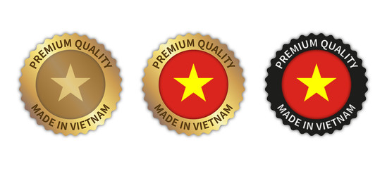 Set of 3 "Made in Vietnam" vector icons. Illustration with transparent background. Country flag encircled with gold/black stamp. Sticker/logo for product/website.