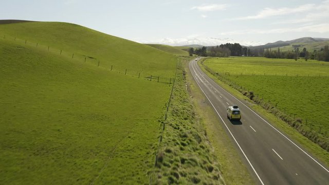 Drone Camper Van Driving Pasture Fields New Zealand