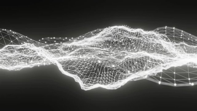 Tech style background: bent lattices emitting light. Waves and rotation motion. Neutral colors with depth-of-field effect. 3D rendering