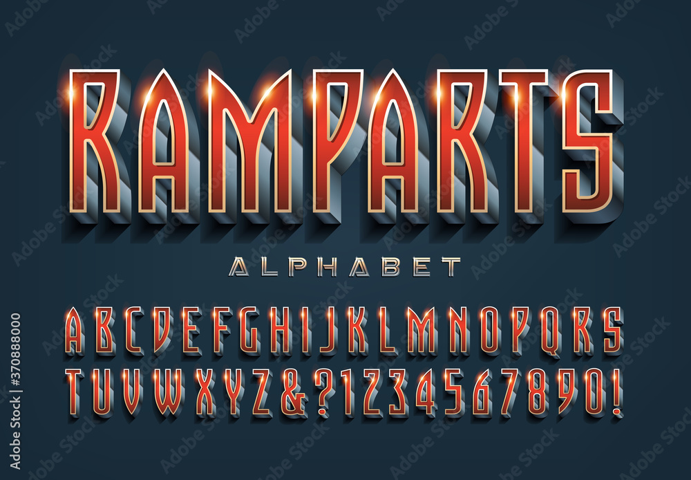 Poster a high tech, movie title, or video game icon alphabet: ramparts is a stylish condensed font with 3d 