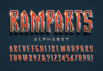 A High Tech, Movie Title, or Video Game Icon Alphabet: Ramparts is a Stylish Condensed Font with 3d and Shaded Gradient Effects with Shiny Highlights. Isolated Letters and Numbers for Logo Designs.