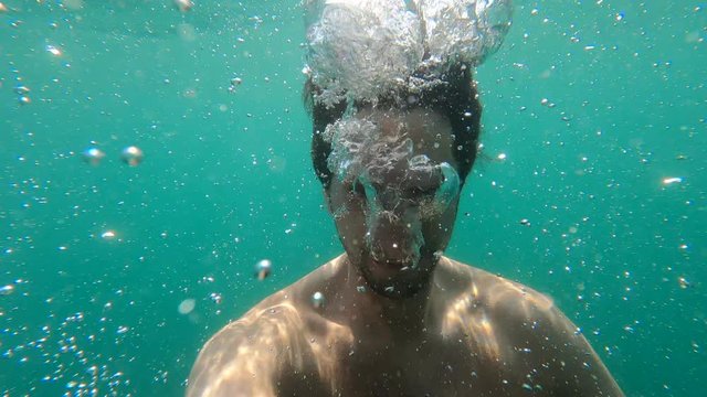 Man Face Going Underwater, Person Holding Breath Meditating Under Water