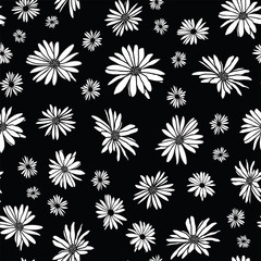 Abstract flowers hand drawn white chamomile blossom sketch drawing seamless pattern on black background design