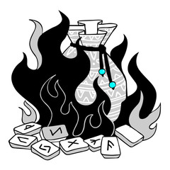 Bag of Runes in Magical Fire. Isolated on a white background. Vector