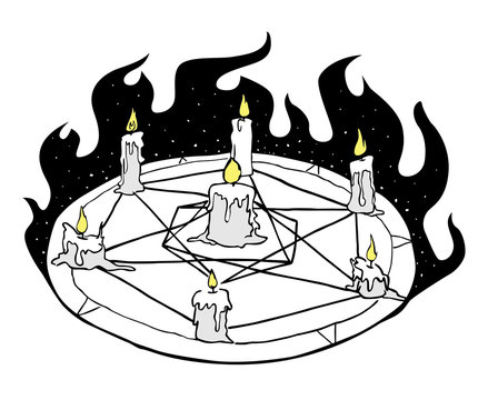 Ritual. Magic circle with candles. Summon Demon. Witchcraft symbols. Vector