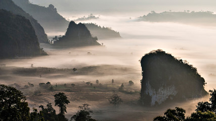Scenic view of Phu Langka Forest Park with Morning Mist at Sunrise, Pong District, Phayao Province, Thailand