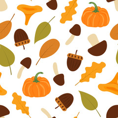 Autumn leaves, mushrooms, nuts and pumpkins. Seamless pattern. Flat vector illustration isolated on white background.