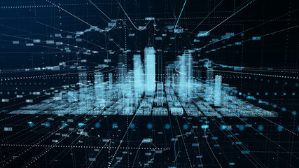 Big City data digital futuristic network connection. 3D Rendering Technology concept.