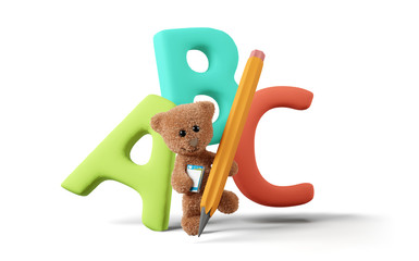 concept of school. cute teddy bear with pencil and book and ABC 3d-illustration