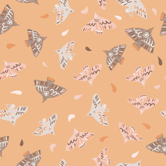 Pastel tender seamless pattern with bird ornament. Soft orange background with white and beige bird silhouettes.