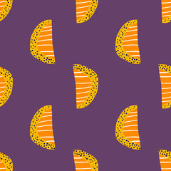 Bright orange slices seamless pattern. Abstract doodle fruit silhouettes on purple background.
