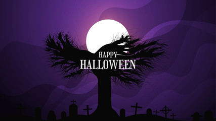 Creepy Halloween background with spooky tree silhouettes and tombstones under moonlight