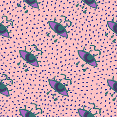 Bright pop seamless pattern with purple eye print. Pink background with dots.