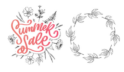 Trendy floral vector template. Summer flowers and Summer sale lettering illustration. Shabby gold texture on striped background.