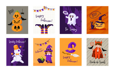 Halloween cartoon greeting card or nursery poster set - pumpkin lantern, kids in carnival costumes, magic creatures, ghost, voodoo doll, copy space for your text, pre-made vector template for print