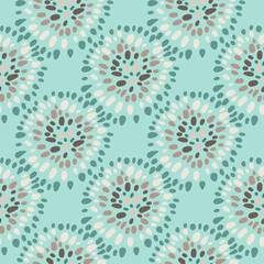 Fototapeta na wymiar Seamless pattern with hand drawn ethnic elements. Dot circles and background in blue and aquamarine tones.