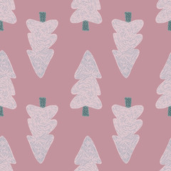 Christmas seamless doodle pattern with fir tree silhouettes. Pastel pink and grey color palette. Holiday simple artwork.