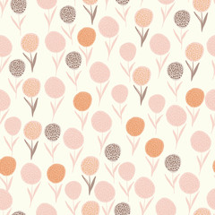 Isolated random summer seamless pattern with dandelion figures. Pink, orange and purple flowers on white background.