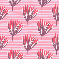 Fototapeta na wymiar Bright summer tulip buds seamless doodle pattern. Purple and pink flowers on stripped background.