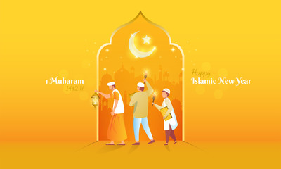 Illustration of muslim people celebrating islamic new year for greeting concept