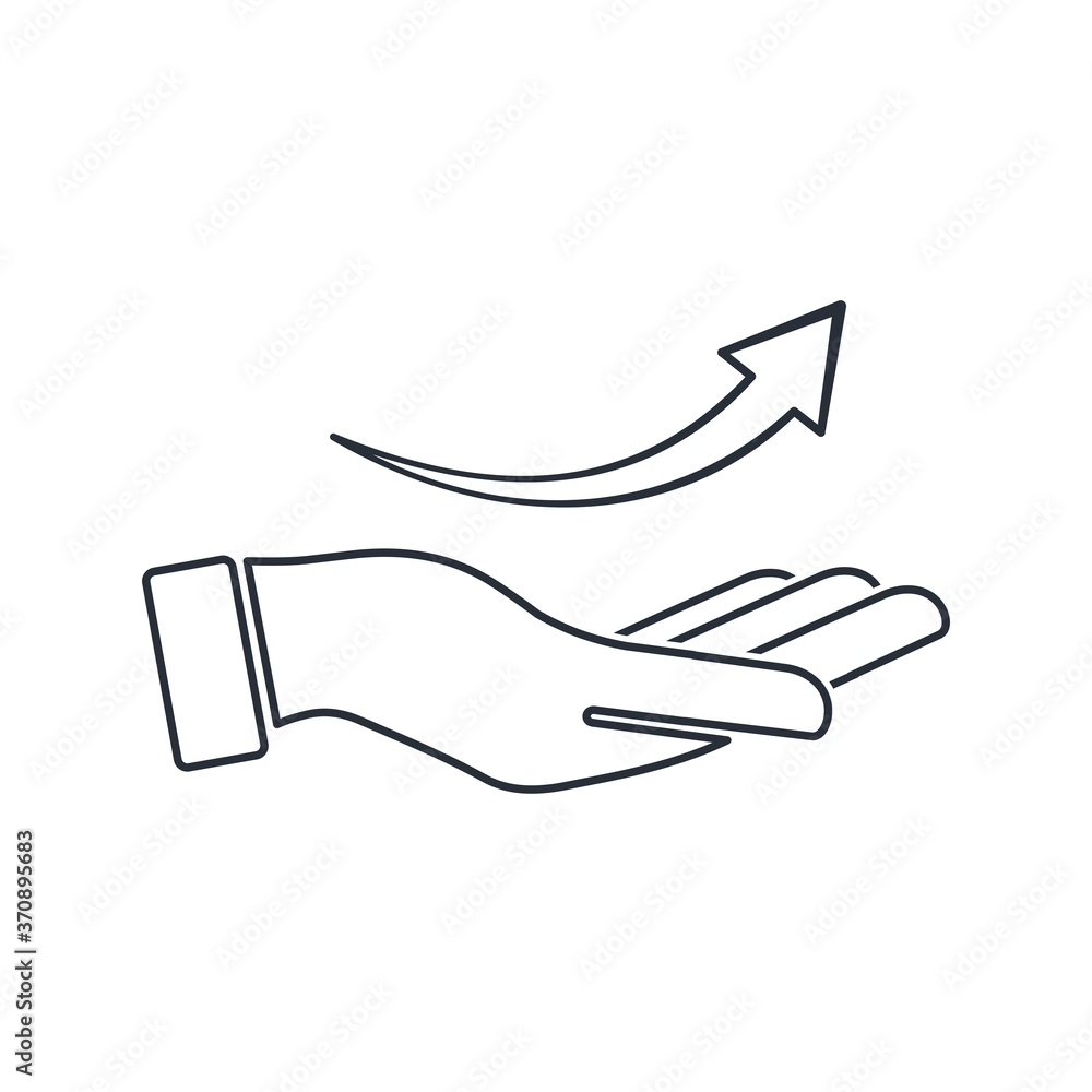 Poster hand and arrow to the top. vector linear icon isolated on white background.