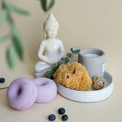 spa composition soap with salt bombs on a pink background, the concept of relaxation and body care