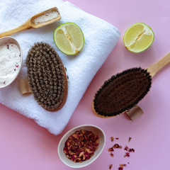 Natural Organic Wooden Body Massage Brush White Towel Home Spa Therapy Sunlight Toned Photo